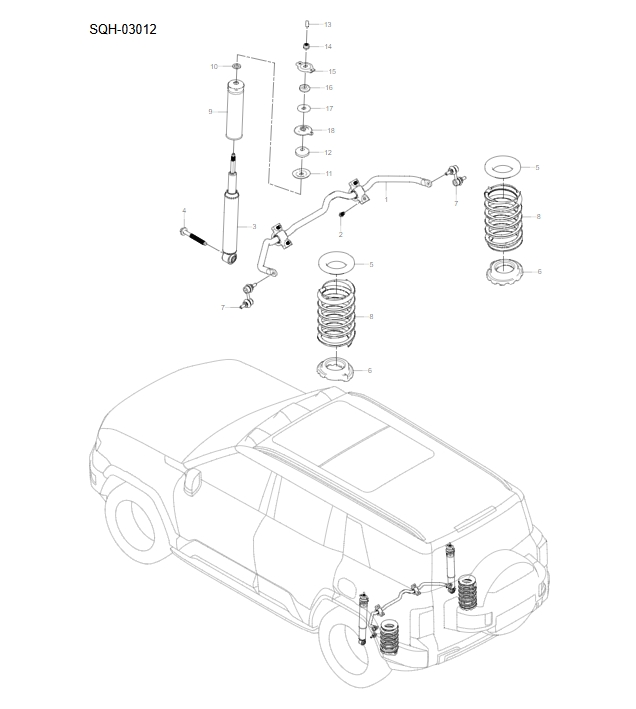 SQH-03012 rear stabilizer bar and shock absorber assembly