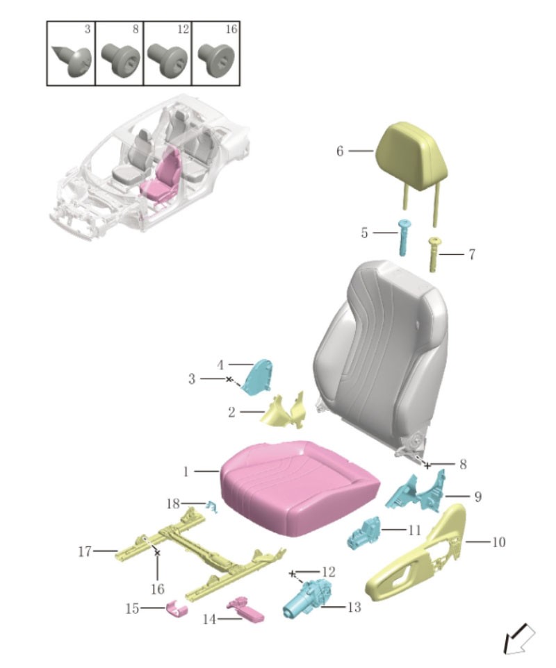Left front seat cushion and backrest6077