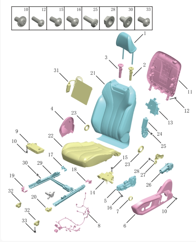 Left front seat cushion and backrest6077