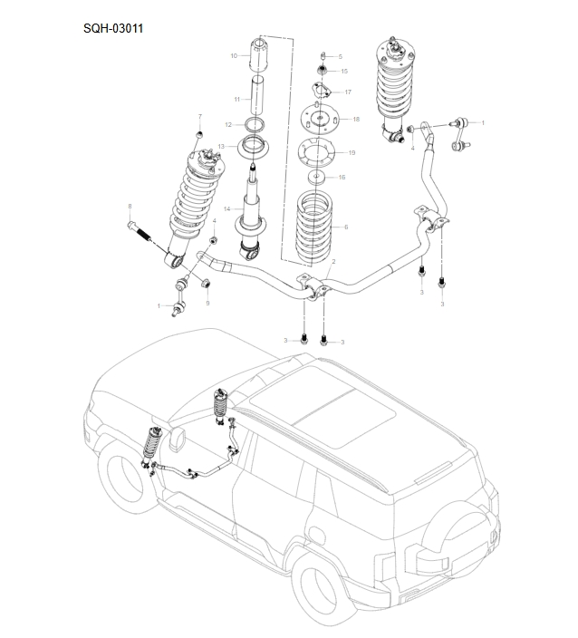 SQH-03011 front stabilizer bar and shock absorber assembly