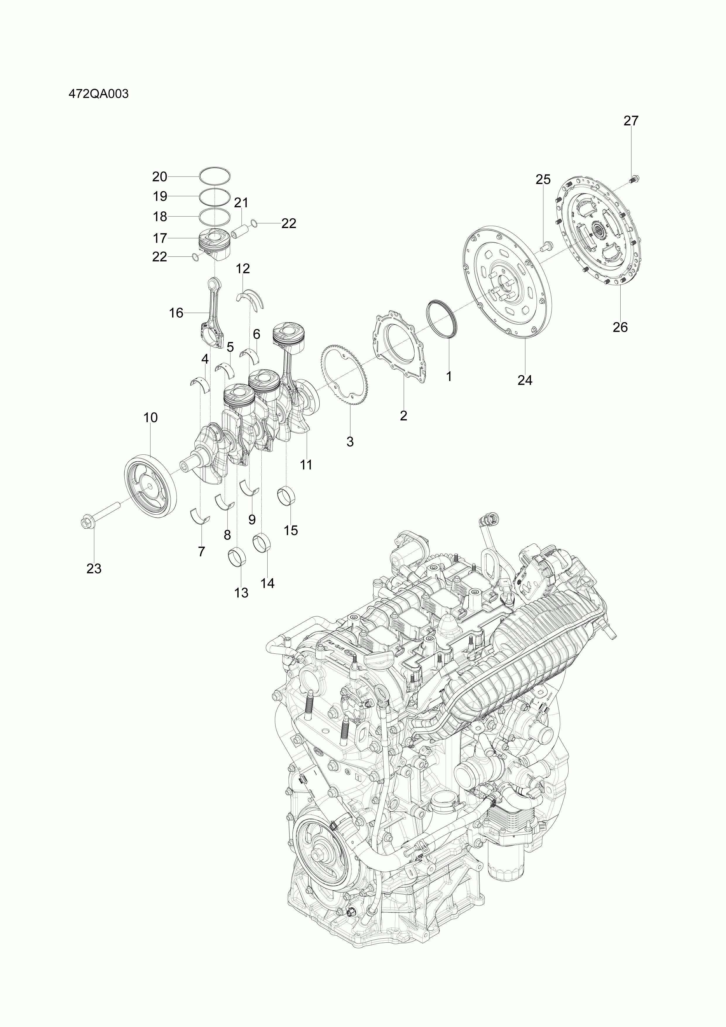 472QA003 crank piston connecting rod and flywheel assembly